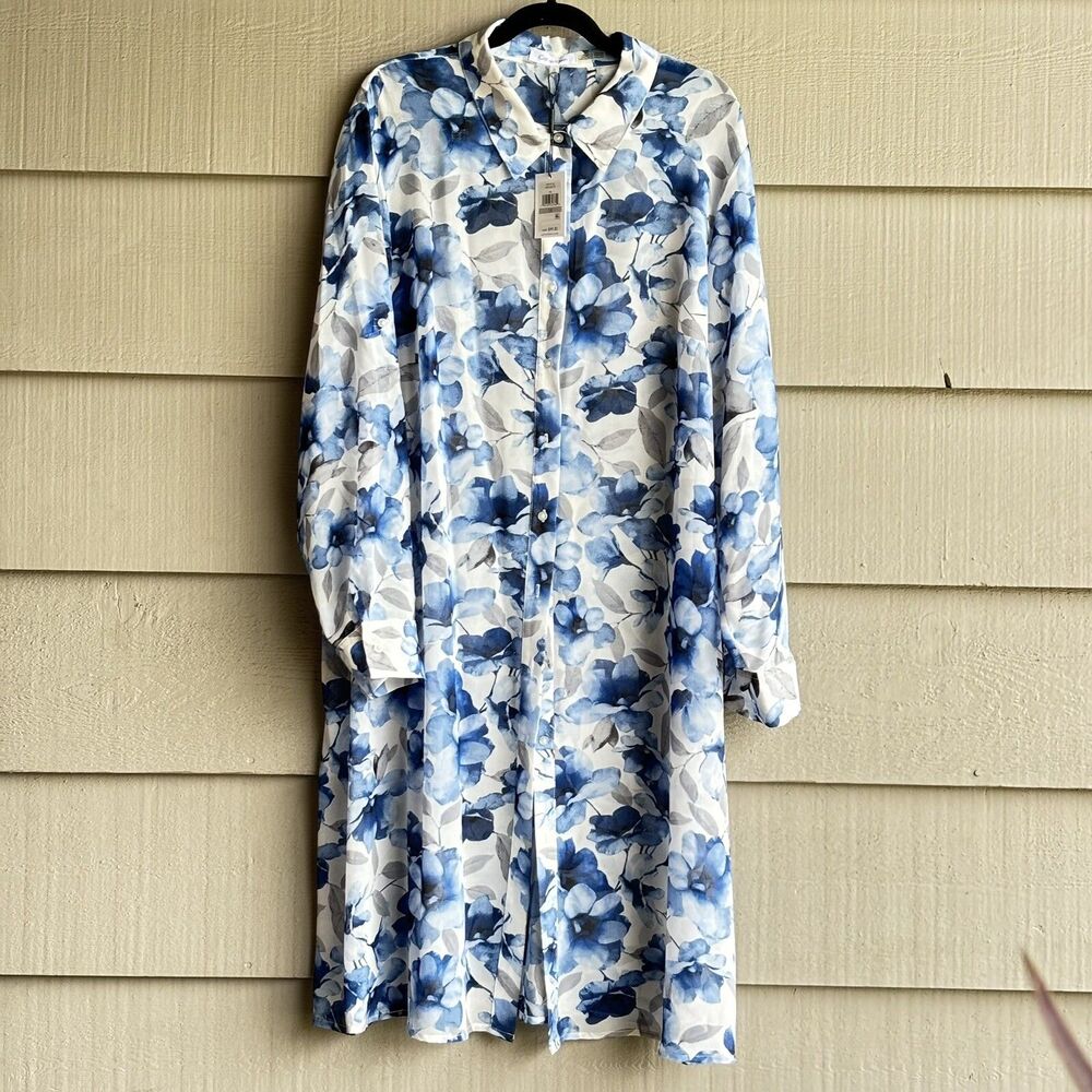 New-Calvin Klein Blue Floral Chiffon Button Front Blouse/Swimming Coverup Sz 1X